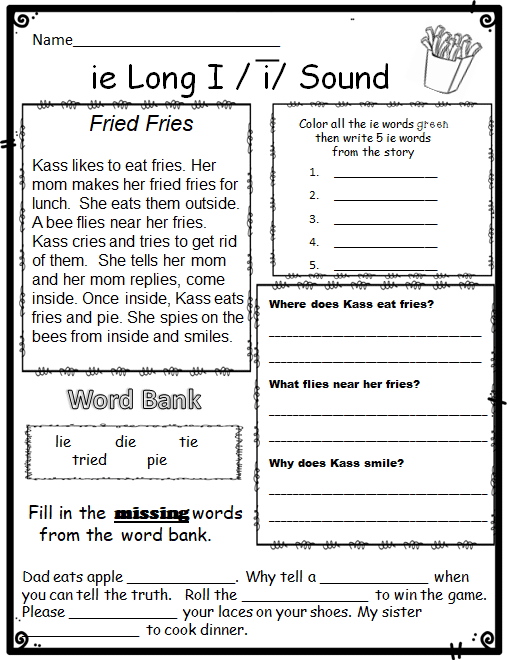 Long i sound phonics activity sheet 19 for early readers First grade long i practice worksheet with word bank for completing sentences