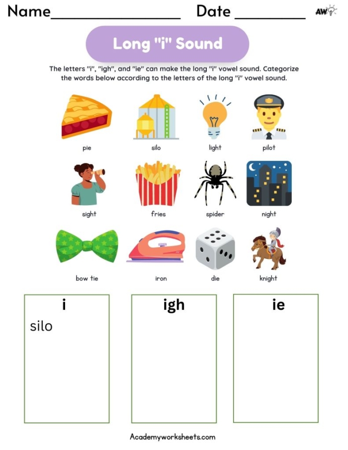 Long I Sound Worksheet for First Grade Students Number 10 First grade student filling in sentences with words containing the long i sound on a worksheet