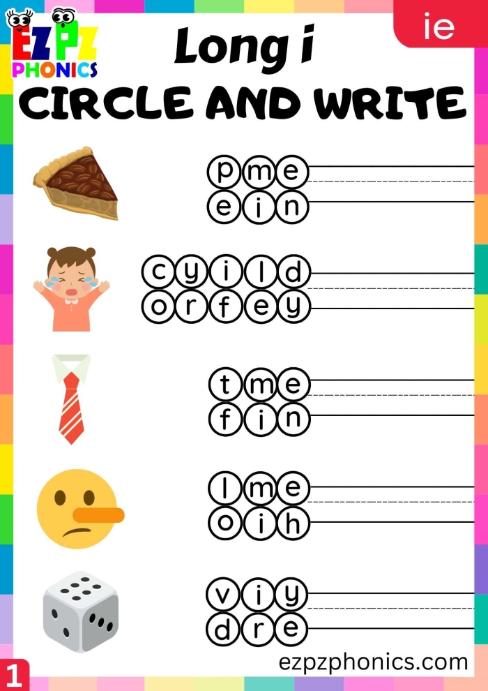 Long I Sound Practice Worksheet Number 25 for First Grade Literacy First grade student worksheet for practicing long i vowel sounds by completing sentences