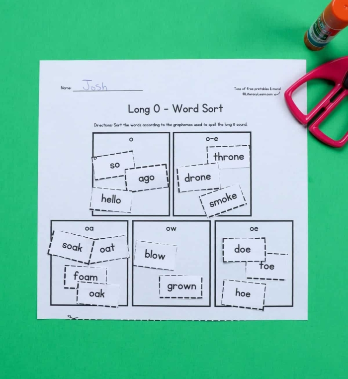 First grade phonics worksheet focusing on the long "O" sound with engaging activities