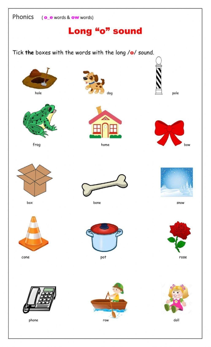 First grade students filling in the blanks with long o words in this phonics worksheet