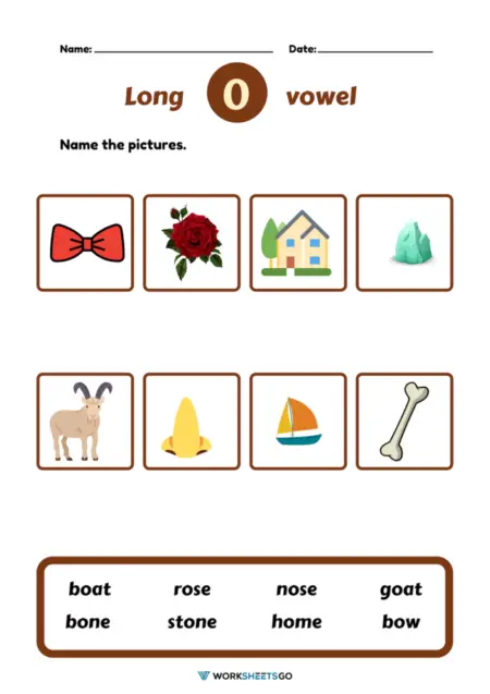 First grade phonics worksheet focusing on the long "O" sound with engaging activities