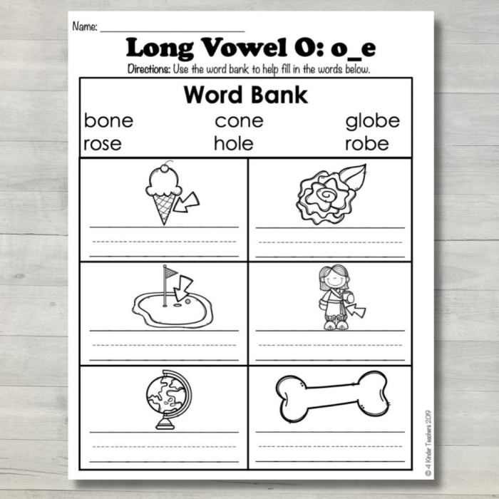 First grade long o sound worksheet exercise 5 with word box for completing sentences