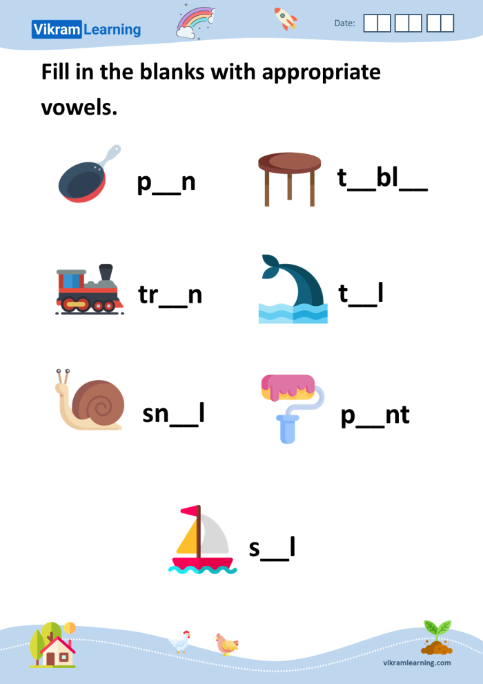 First grade worksheet for matching pictures and words to practice long and short vowel sounds