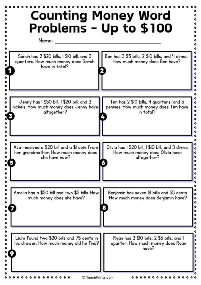 First grade student completing a money math word problem worksheet about lunch costs