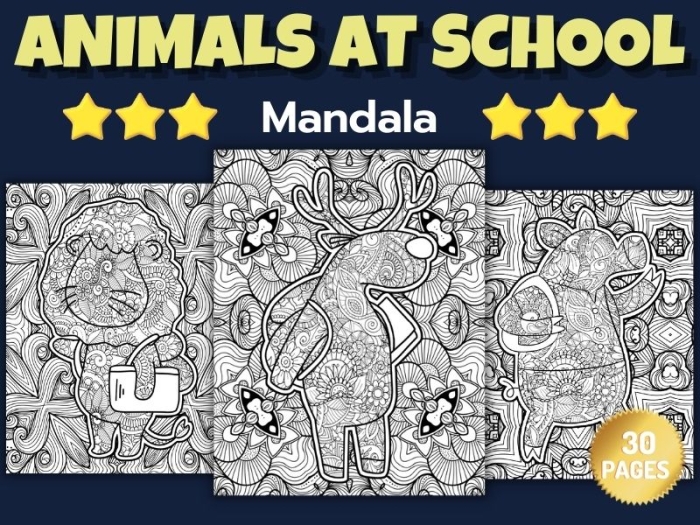 Coloring page featuring a school-themed mandala for first graders