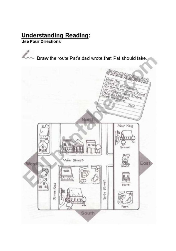 Worksheet featuring a compass rose to help first graders learn map directions on a U.S. map