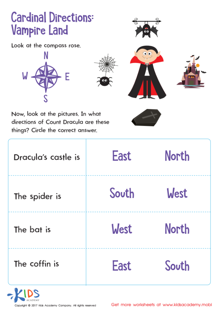 First grade worksheet for learning map directions with a compass rose on a U.S. map