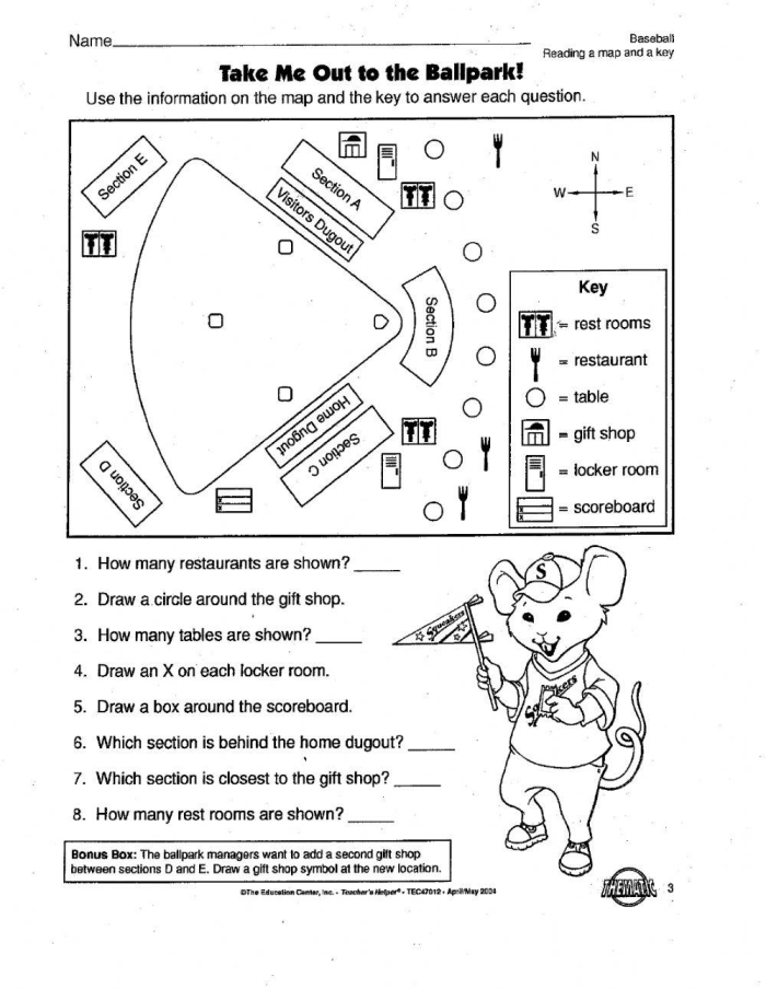 First grade student identifying locations on a simplified county map using a map key worksheet