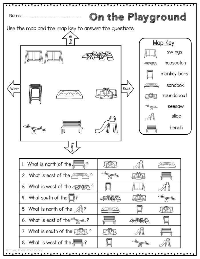 First grade student worksheet for learning how to read a map key and identify map symbols