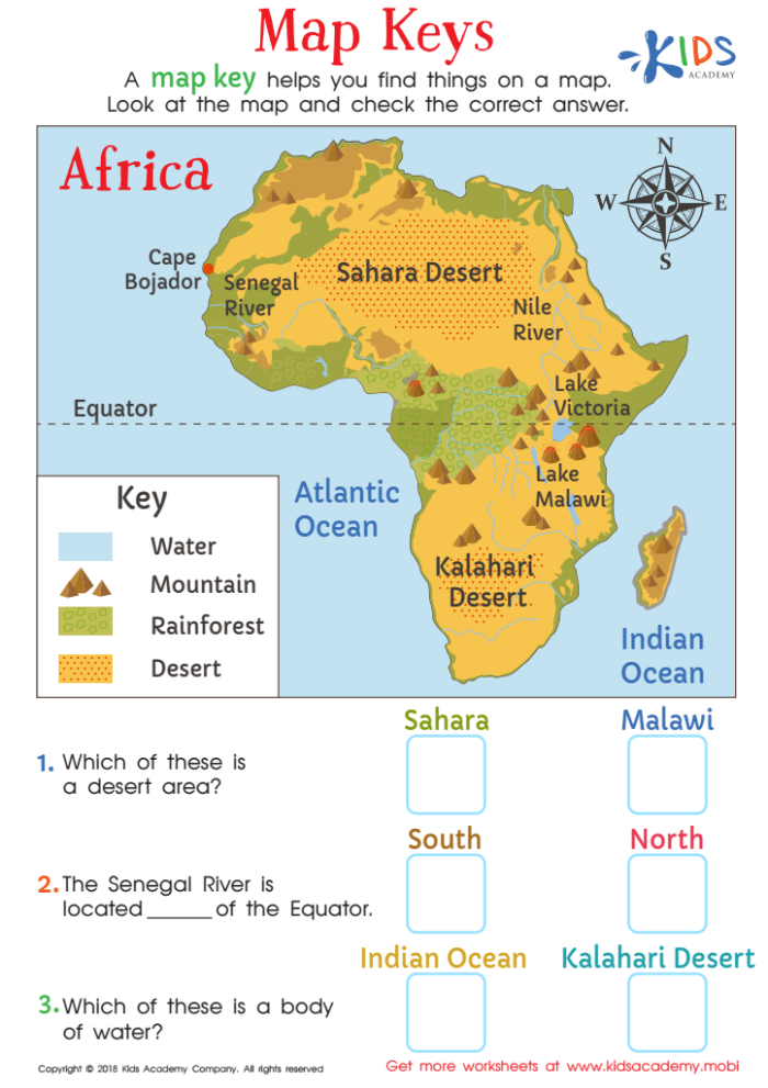 A first grade student practicing map reading skills on a worksheet with a map key