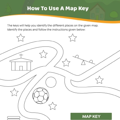 Worksheet for teaching first graders how to read a map key with a simplified county map