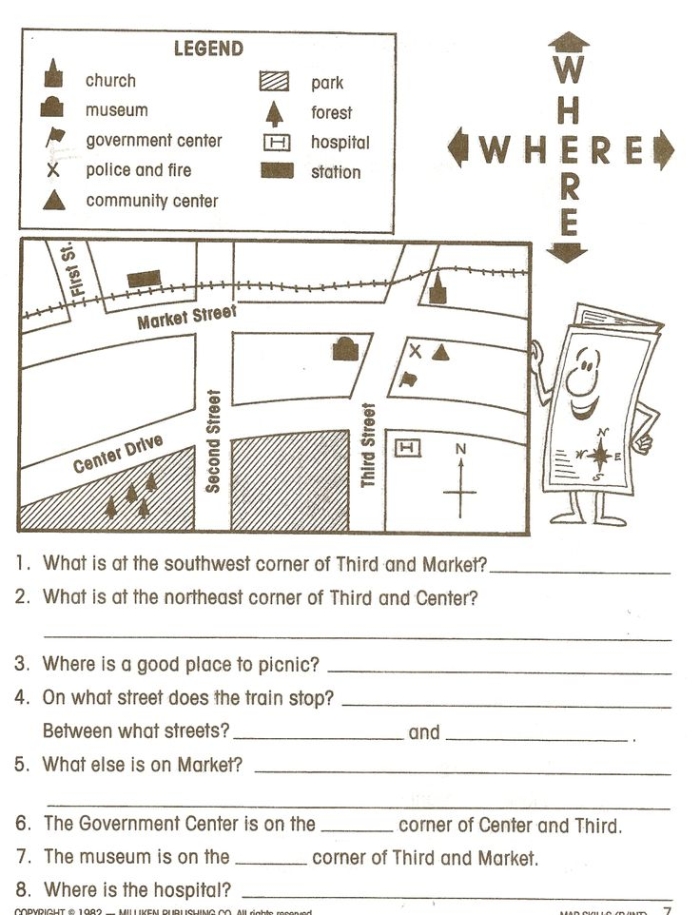 First grade map reading worksheet focusing on cardinal directions for children