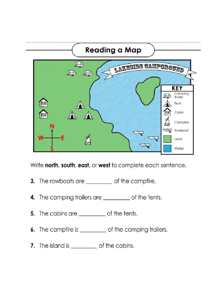 Map Reading worksheet designed for first graders to improve their map skills and understand cardinal directions