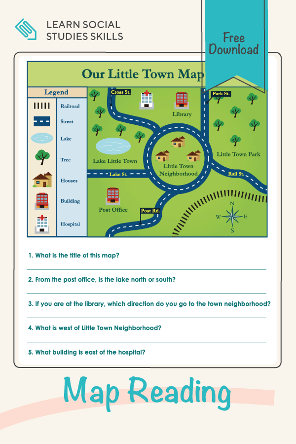 First grade map reading worksheet featuring cardinal directions for kids