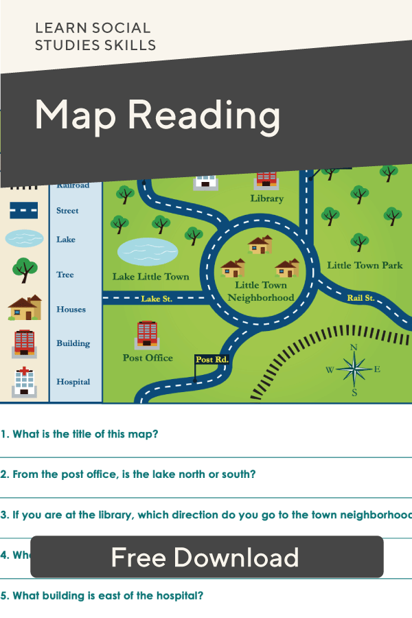 Map reading worksheet for first graders focusing on cardinal directions