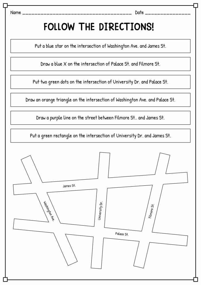 Map Reading worksheet for first graders focusing on cardinal directions and map skills
