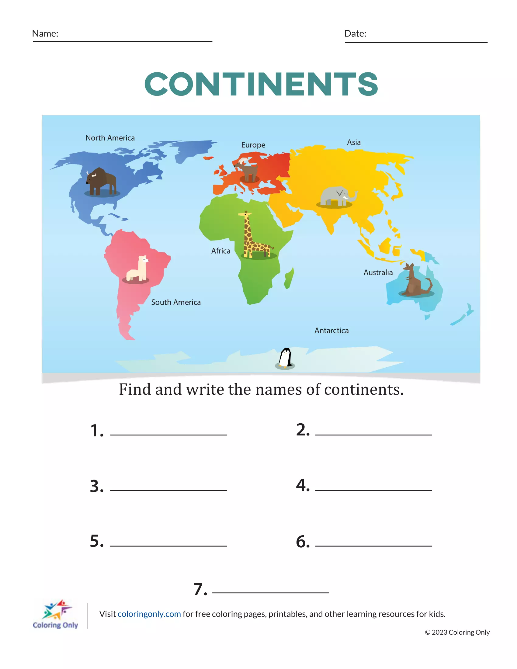 Label the continents with this engaging cut-and-paste worksheet for first graders