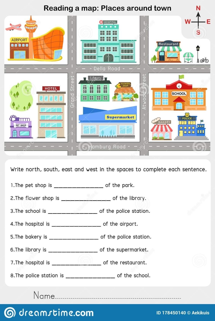 First grade student working on a map reading worksheet with cardinal directions