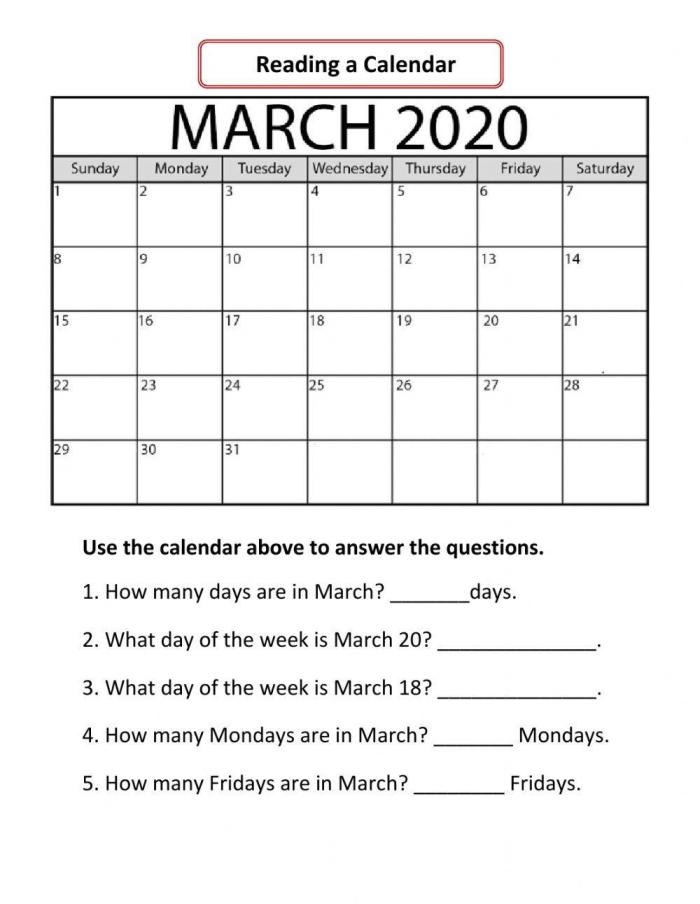 Engaging first-grade calendar math activity for March 2026 Children's worksheet for reading calendar days and dates in March 2026