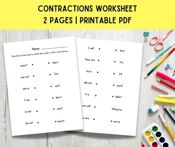 First grade worksheet featuring a match-the-contractions activity for young learners