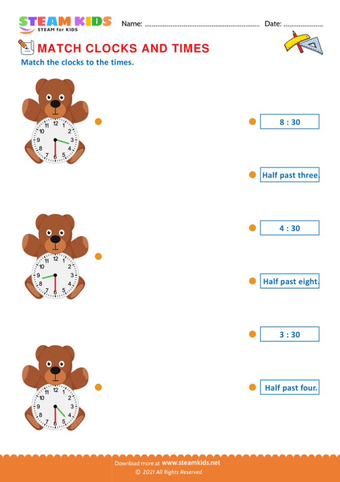 Match the Clock II worksheet for enhancing time-telling skills First grade worksheet for matching clock faces to written times