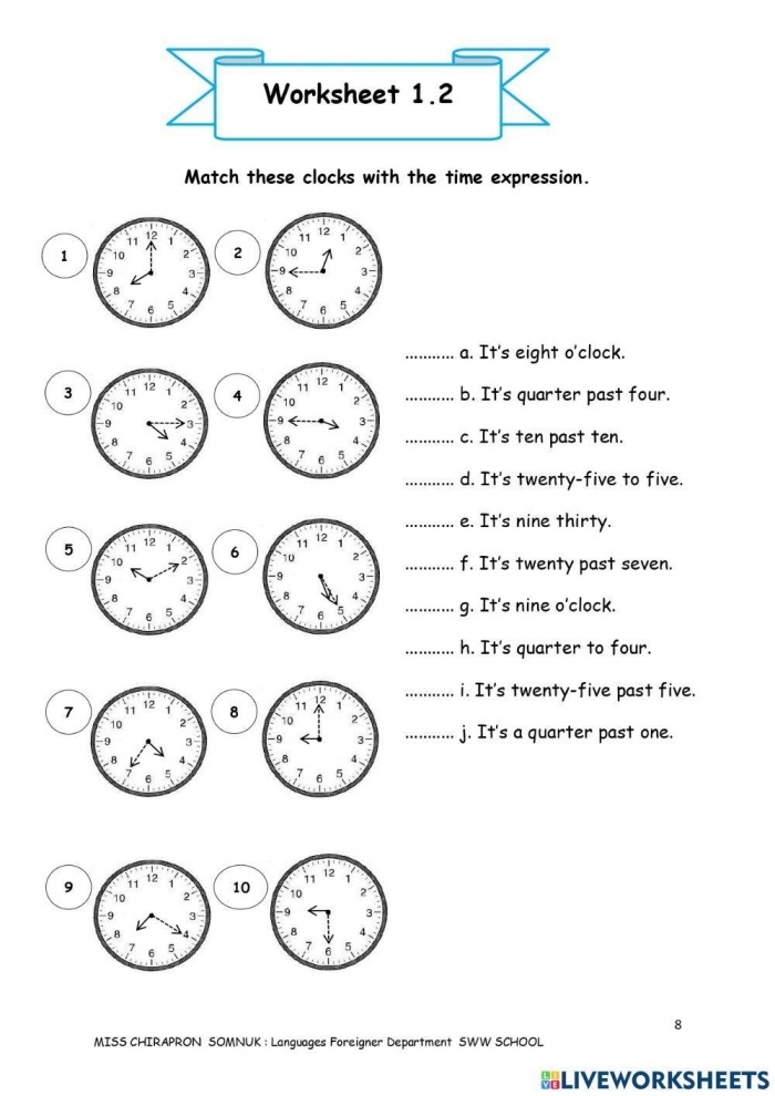 Match the Clock II printable activity for social studies skills First grade worksheet for matching clock faces to written times