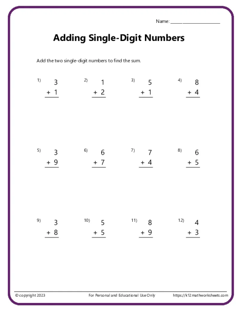 First grade single-digit addition practice worksheet with math problems featuring sums up to 9