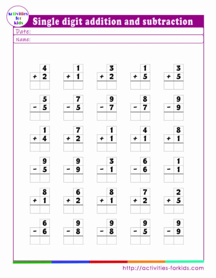 First-grade math worksheet featuring single and double-digit addition and subtraction problems for learners