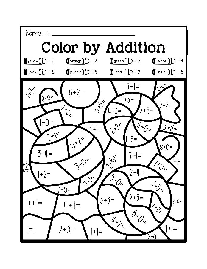 Colorful underwater addition activity for early learners practicing math facts First grade addition color by number worksheet featuring an underwater scene with fish and sea creatures