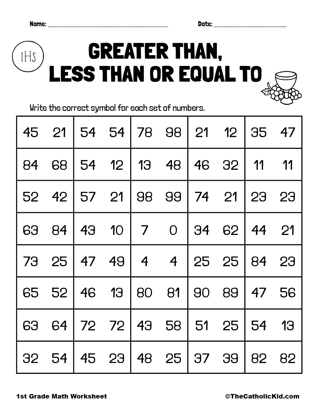 Greater Than Less Than Comparison Activity for Early Learners First grade math worksheet showing comparison exercises with greater than and less than symbols for number practice
