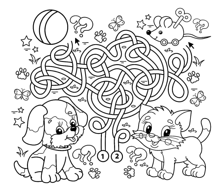 Dog Maze Addition Worksheet 23 for First Grade Students First grade addition worksheet featuring a maze where a dog must solve math problems to reach his tennis ball
