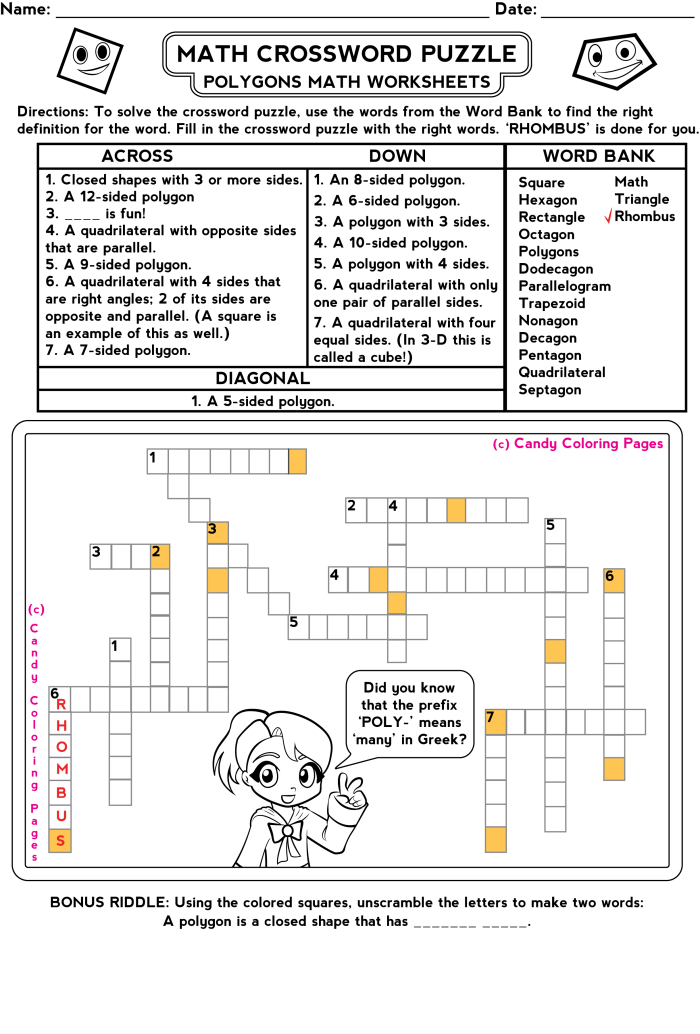 First grade addition math crossword worksheet for practicing basic math facts