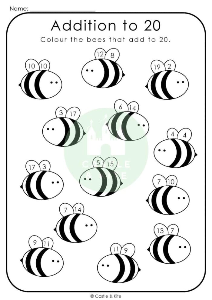 Addition to 20 Check-in worksheet for first graders to evaluate their skills. Assess student abilities in adding numbers within 20 with this engaging worksheet.