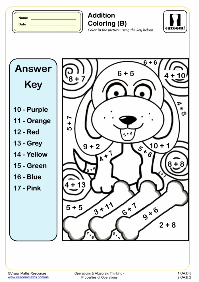 Colorful underwater addition activity for early learners with numbered sections to solve and color First grade addition color by number worksheet featuring an underwater scene with fish and coral to color based on math answers