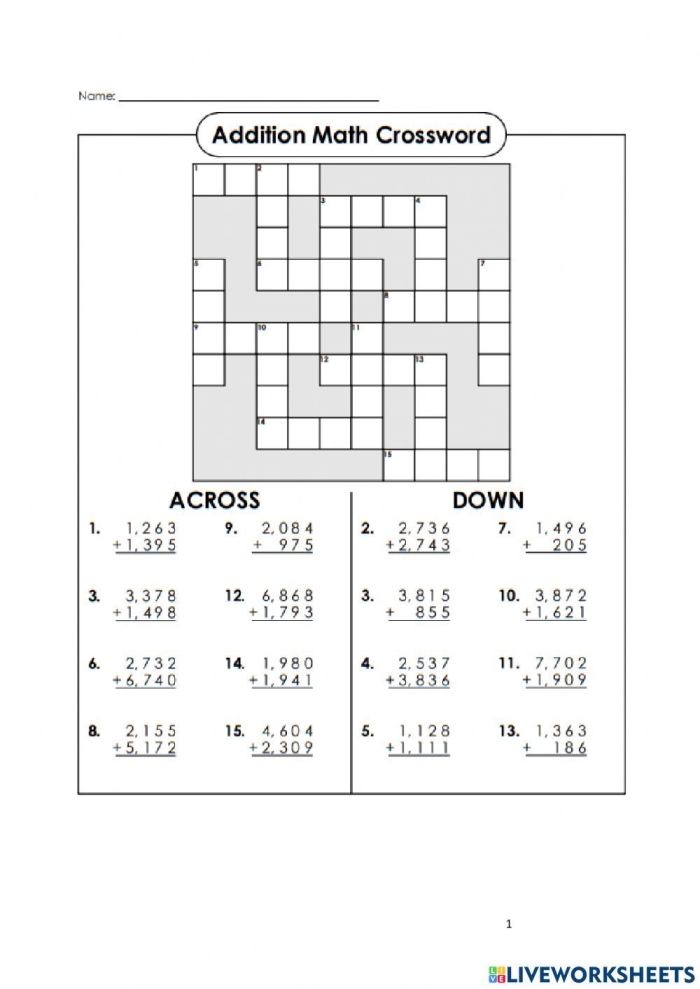 First grade math crosswords puzzle with simple addition facts for handwriting practice