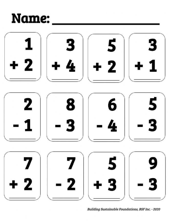 First grade single-digit addition worksheet with math problems showing sums to 9 and rhythmic learning theme