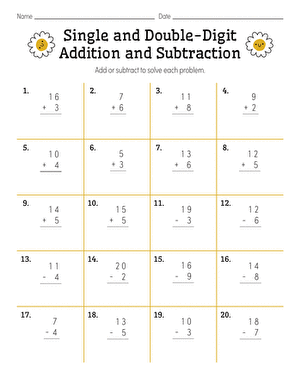 First grade math worksheet with twenty single and double digit addition and subtraction problems for practice