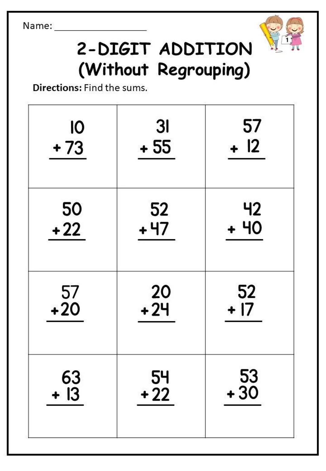 First grade math worksheet with twenty single and double digit addition and subtraction problems for assessment