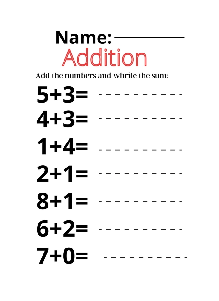 First grade student solving addition problems within 20 on an assessment worksheet with colorful math exercises