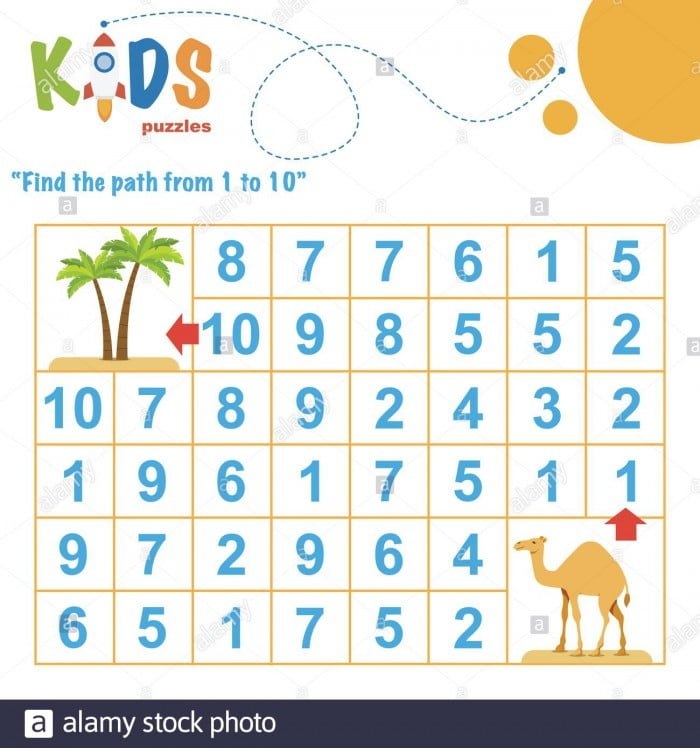 First grade student working on a Find the Math Path subtraction and addition worksheet