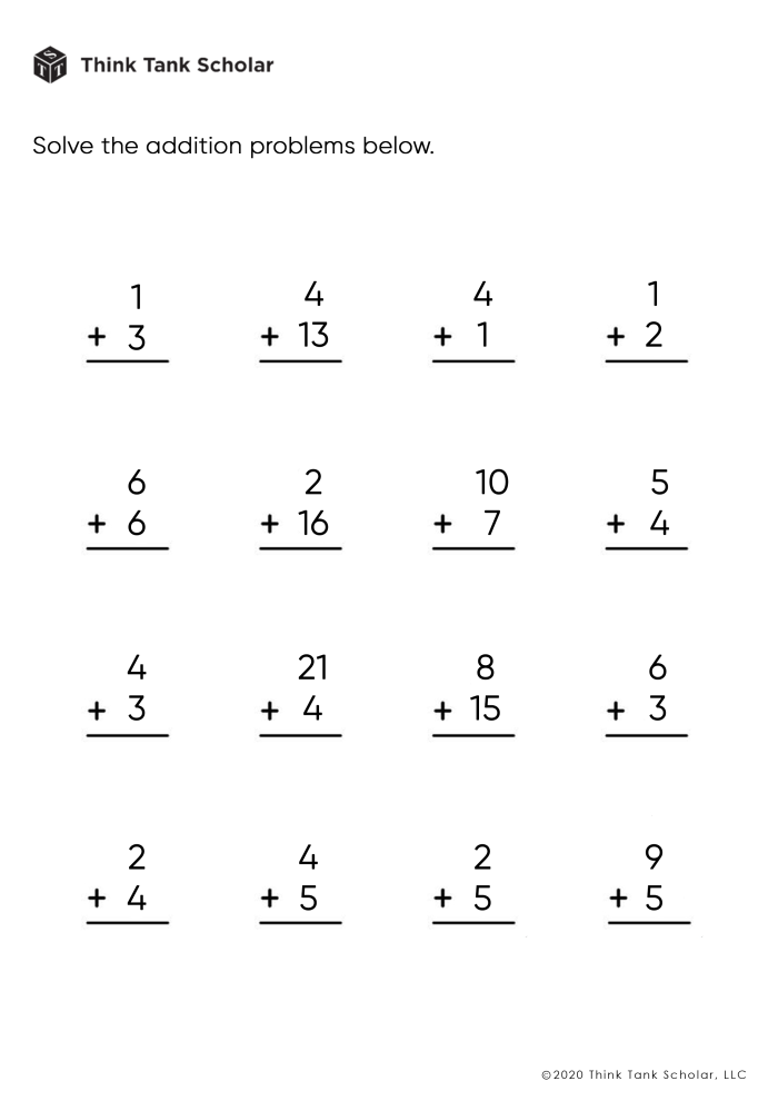 First grade math worksheet featuring twenty single and double-digit addition and subtraction problems for practice