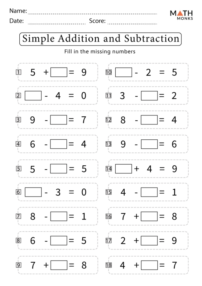 Simple Addition and Subtraction Practice Worksheet for First Graders First-grade math worksheet featuring 24 simple addition and subtraction problems for young learners