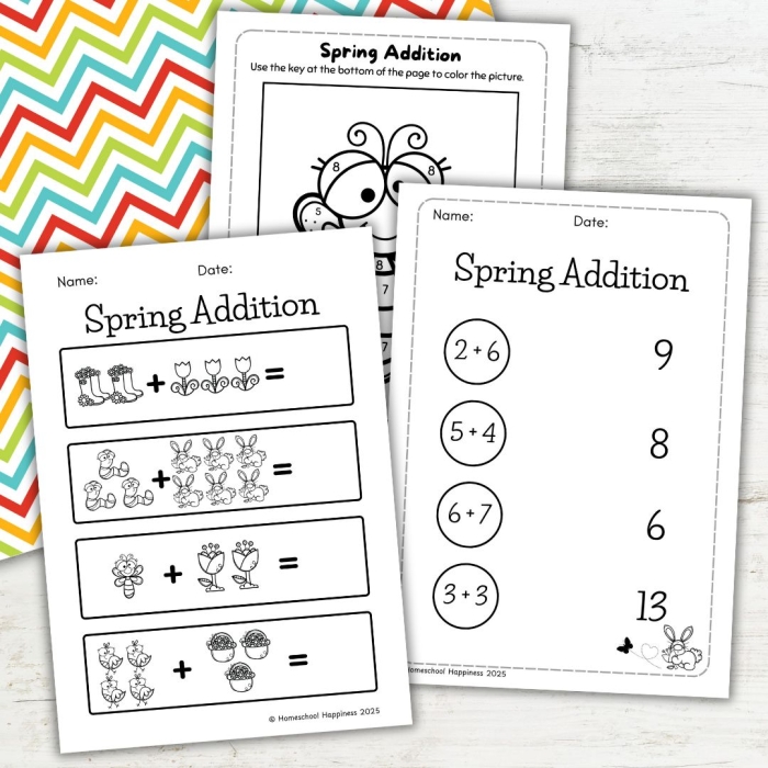 Springtime Addition Practice Sheet 16 for Beginning Math Learners First grade spring addition worksheet with colorful flowers and math problems for kids