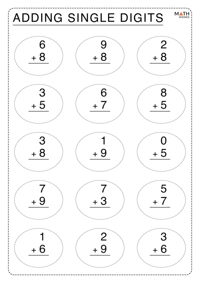 One-digit addition practice worksheet featuring spring-themed illustrations for first graders