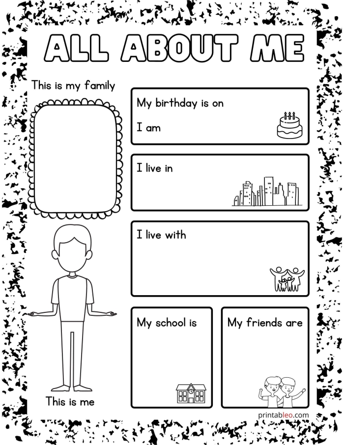 First grade student completing an all about me worksheet with fraction activities to share personal information