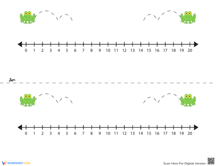 Number line worksheet for first graders to practice addition and subtraction up to 20