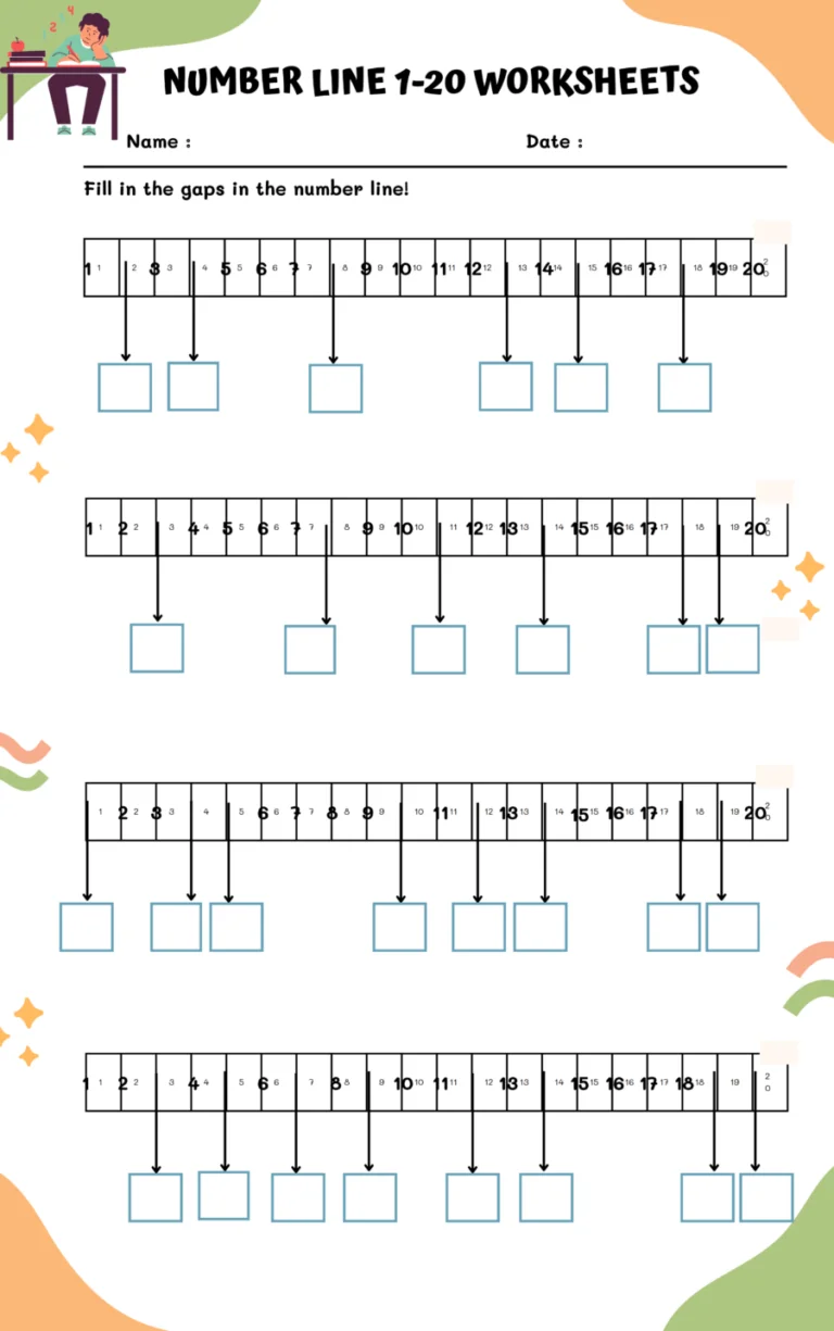 Number line worksheet for first graders to practice addition and subtraction up to 20
