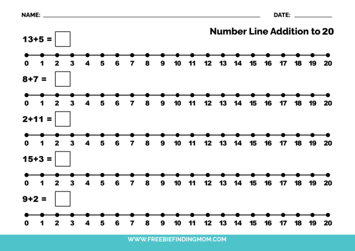 First grade math worksheet featuring a number line from 1 to 20 for addition and subtraction practice