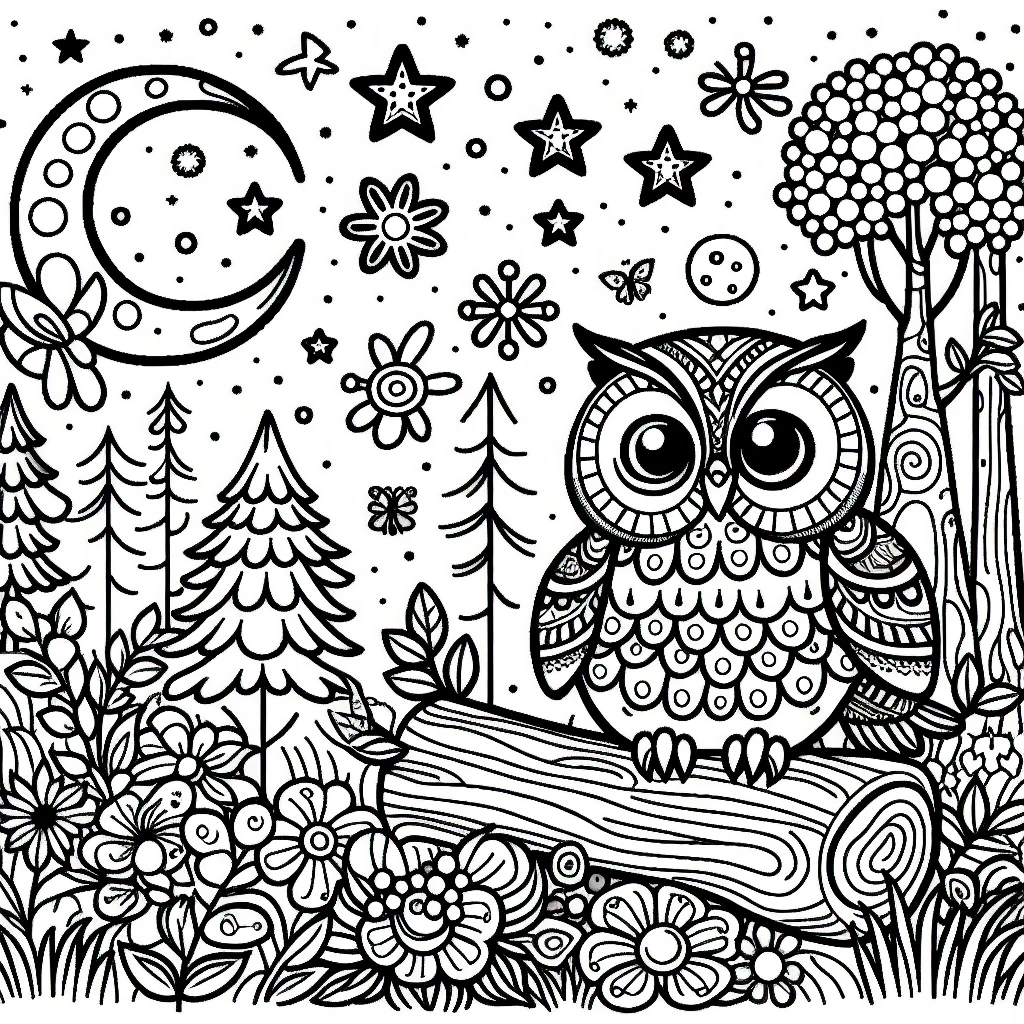 A colorful owl illustration with numbered sections for first graders to color by addition facts